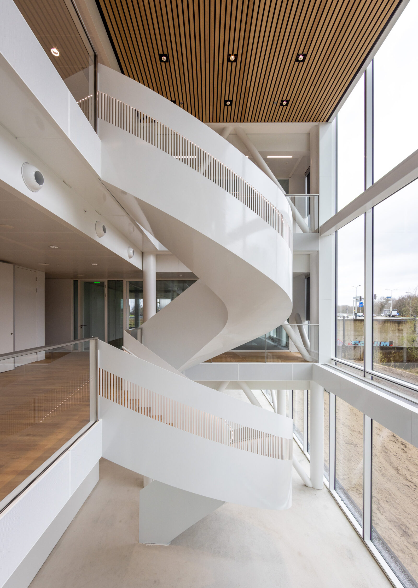 The iconic white stairs of Accelerator Utrecht leading to rentable lab and office spaces 