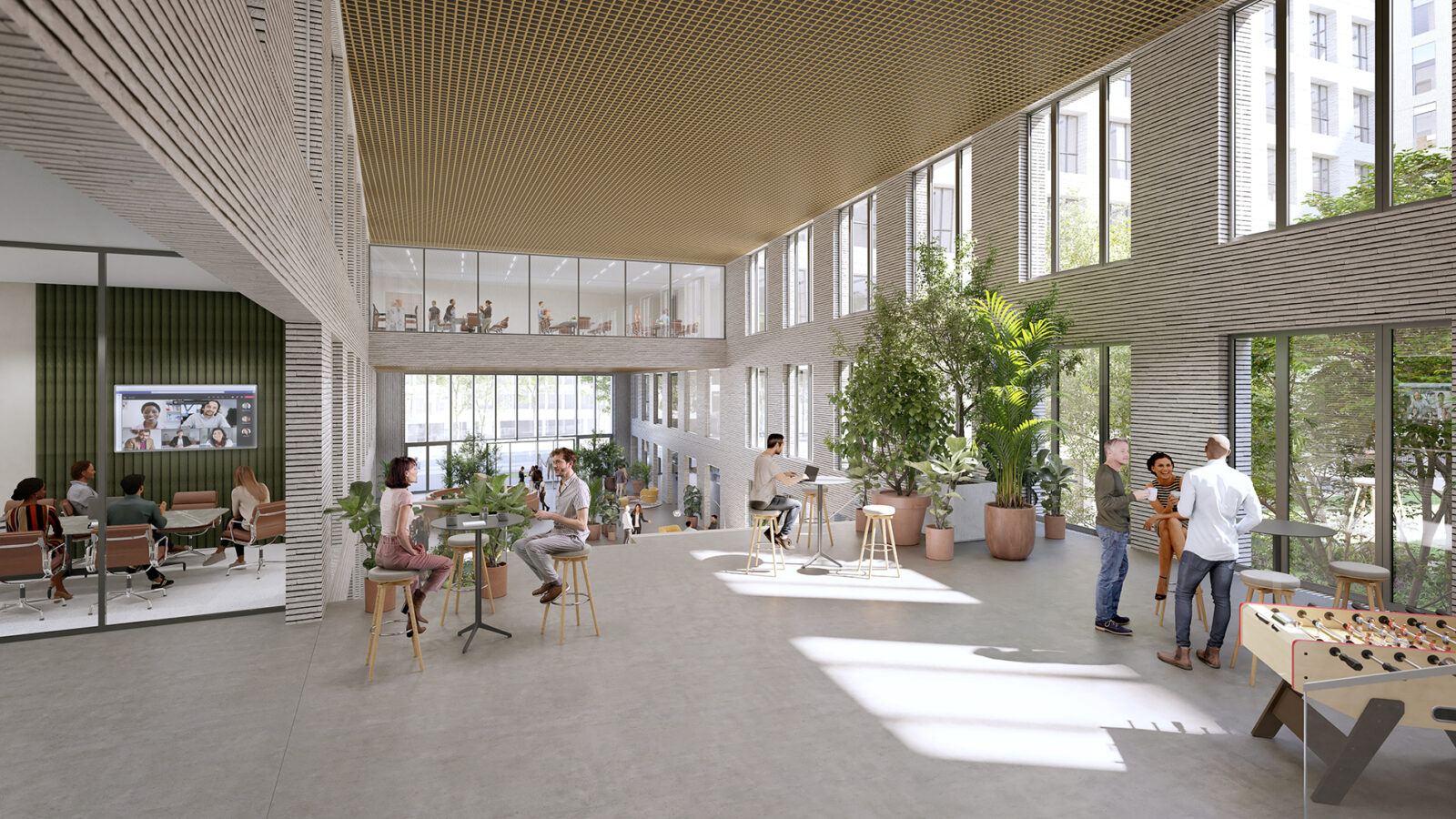 Interior view of the open atrium at The Hive in Cancer Cluster Villejuif