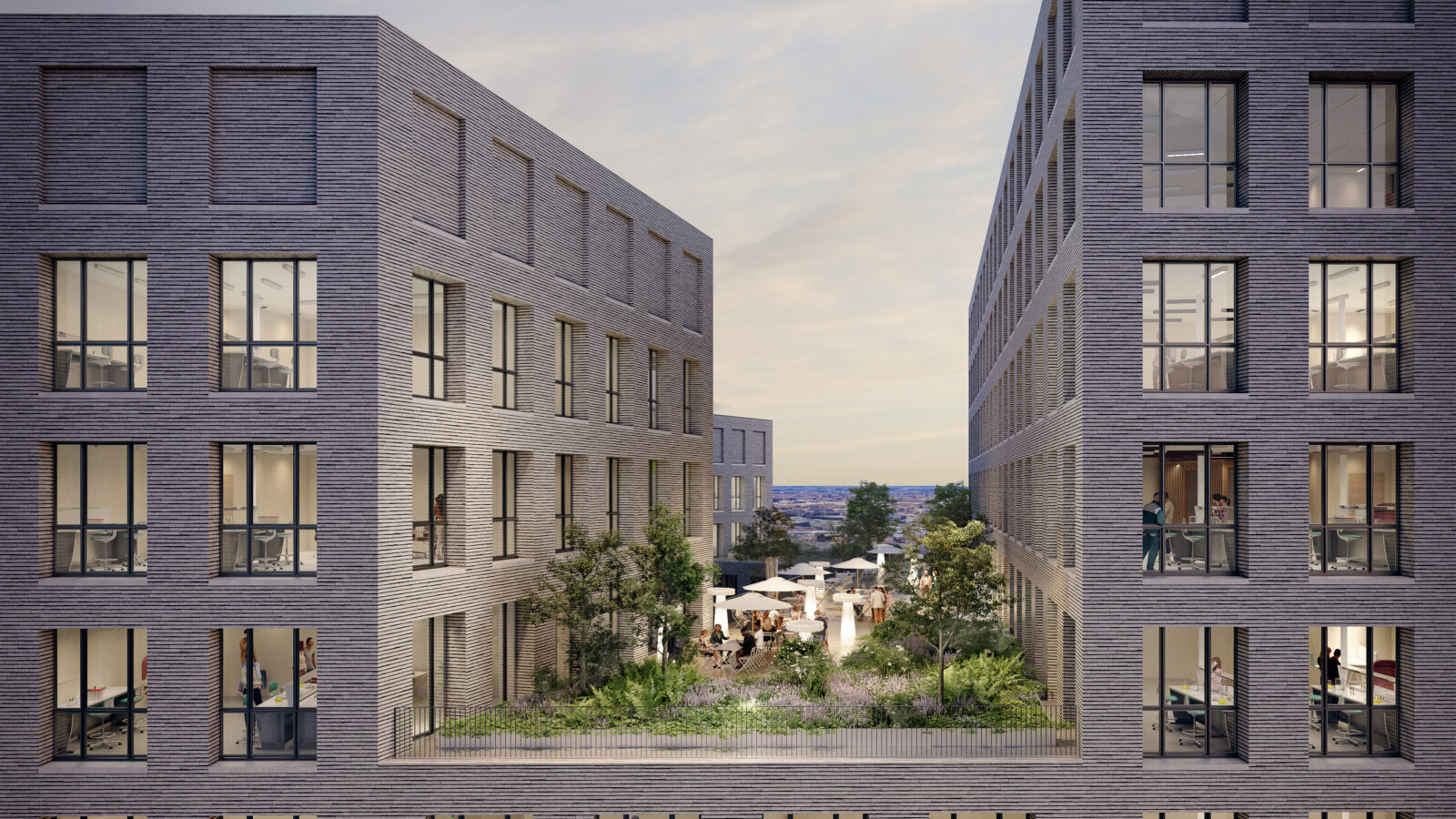 Exterior view of the roof terrace located in The Hive in between rentable laboratory and office spaces, located at Campus Grand Parc